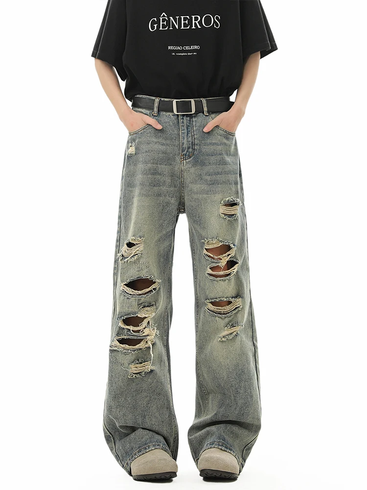 

Retro American Sle Men's Jeans Summer Trendy High Street CleanFit Haome Straight Leg Hole Punching Water Waed Denim Pants