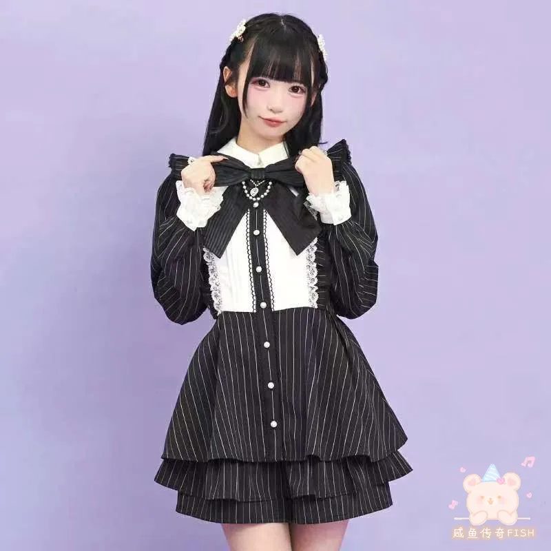 اليابانية الألغام نمط الإنتاج الضخم دمية طوق القوس طويلة الأكمام لوليتا فستان قصير مخطط عالية الخصر السراويل قطعتين مجموعات النساء