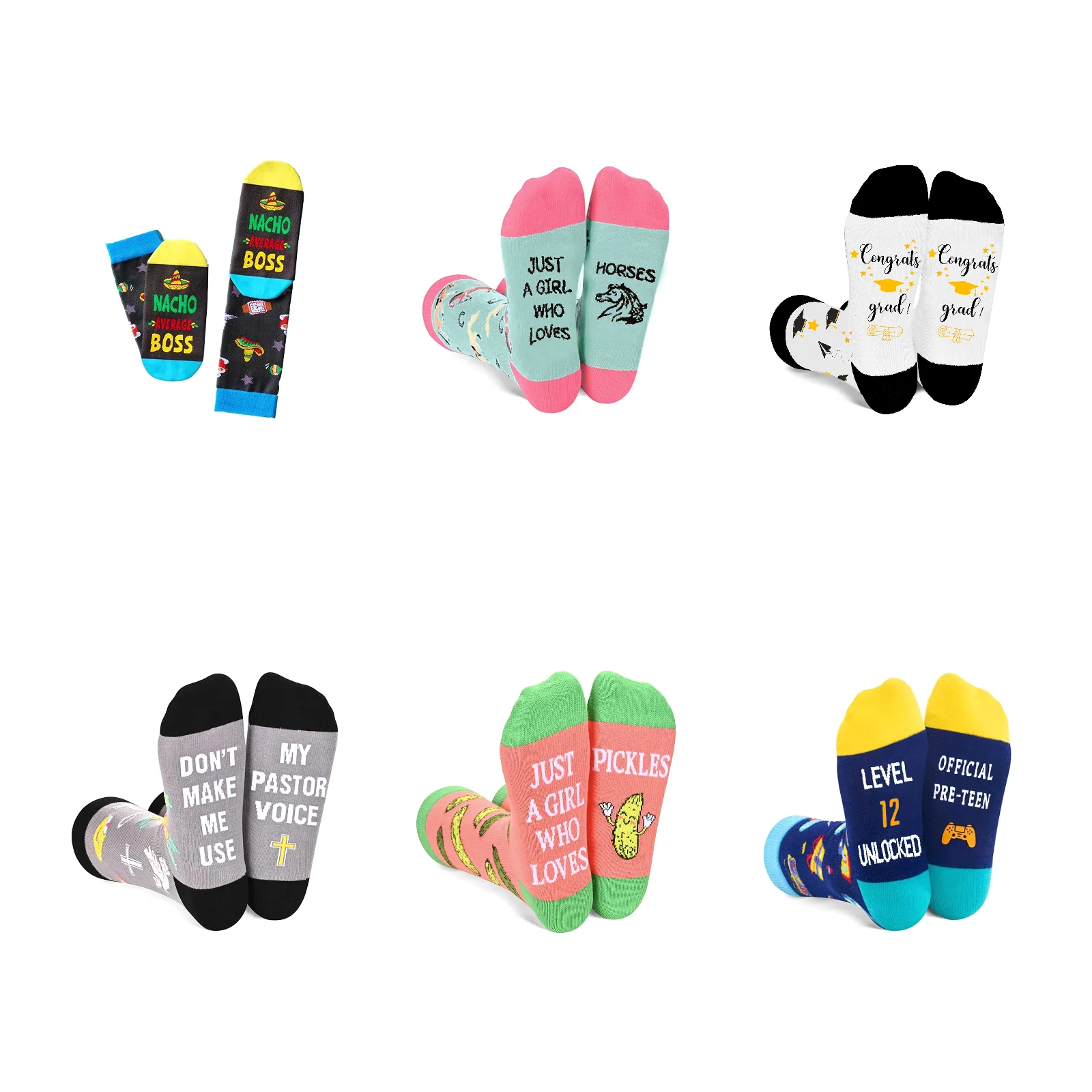 

BOSS/Horses/Grad/Pastor voice/Pickles/Level 12 English alphabet game beer golf reading girl cotton socks 6 pairs combination