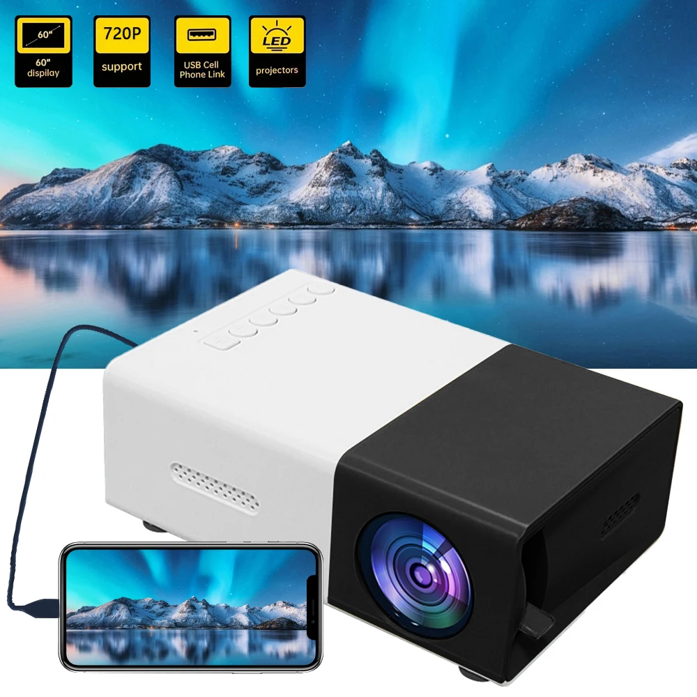 Portable Home LED Mini Projector, Compatible With Mobile Phones Devices USB/SD/AV/Hd, Outdoor Camping/Home Theater/Office Use