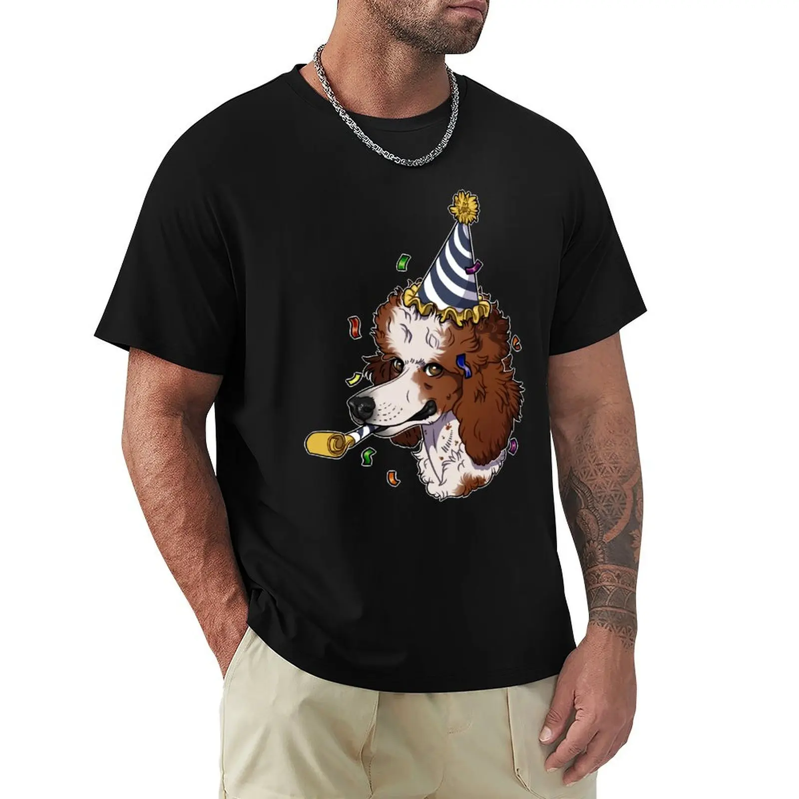 Red Parti Poodle T-Shirt Casual All Match Tee Shirt for Men