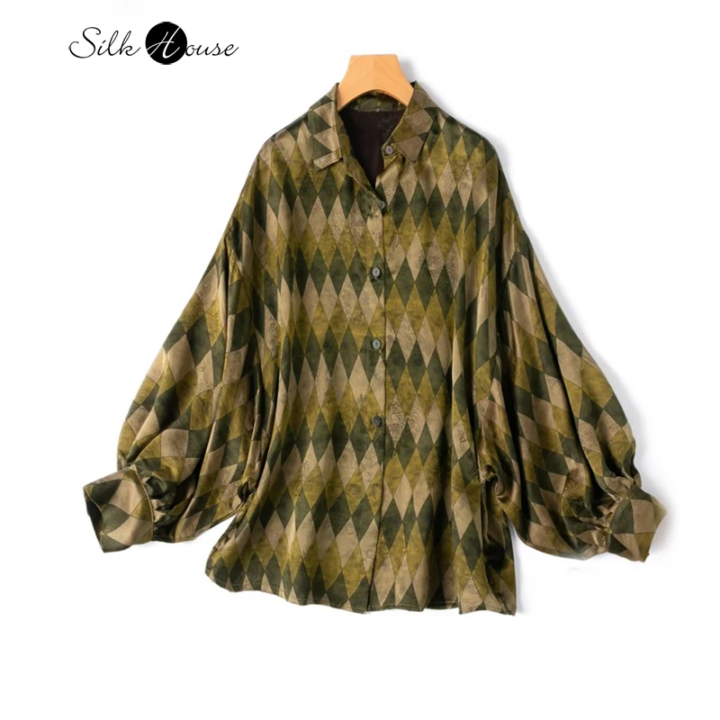 

Advanced 100% Natural Mulberry Silk Gambiered Guangdong Gauze HuaLuo Small Square Neck Loose Lantern Sleeve Women's Shirt