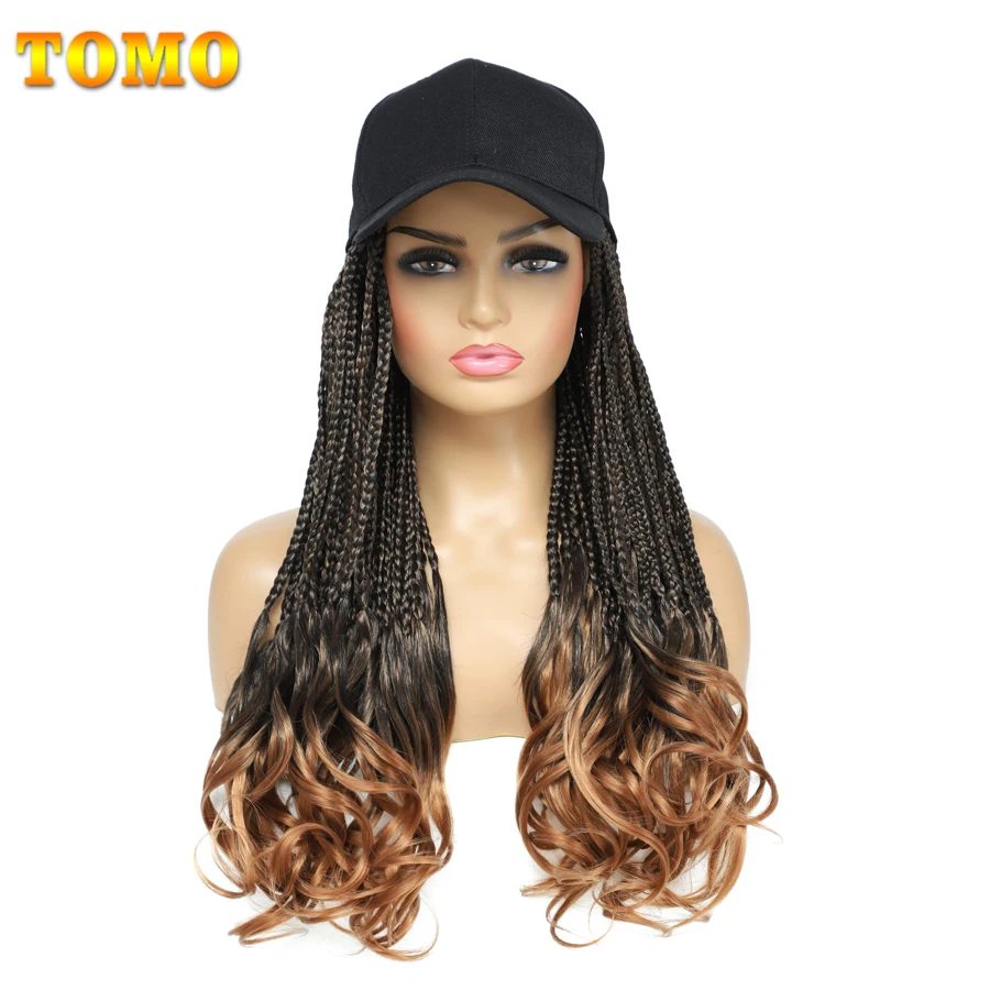 

TOMO Baseball Cap Hat Wig Hair With Braided Box Braids For Women 14 20 24 Inch Synthetic Crochet Braids Hair With Curly Ends