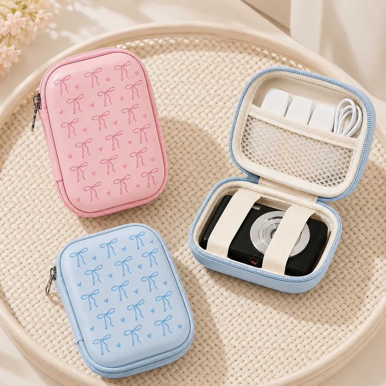Pink Bow Mini Camera Case, Portable Hard Shell Electronics Organizer Bag for Women Girls, Travel Cable Charger Storage Pouch