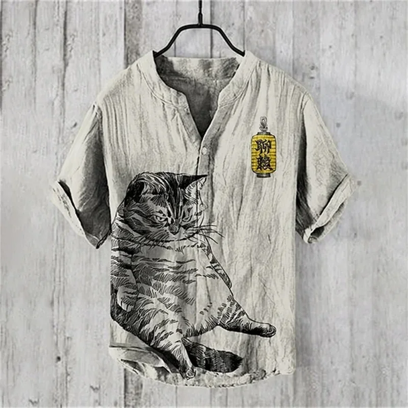 2024 Summer New 3D Digital Heat Transfer Bamboo and Hemp 3-Button Large Standing Neck Short Sleeve Shirt Large T-shirt Shirt