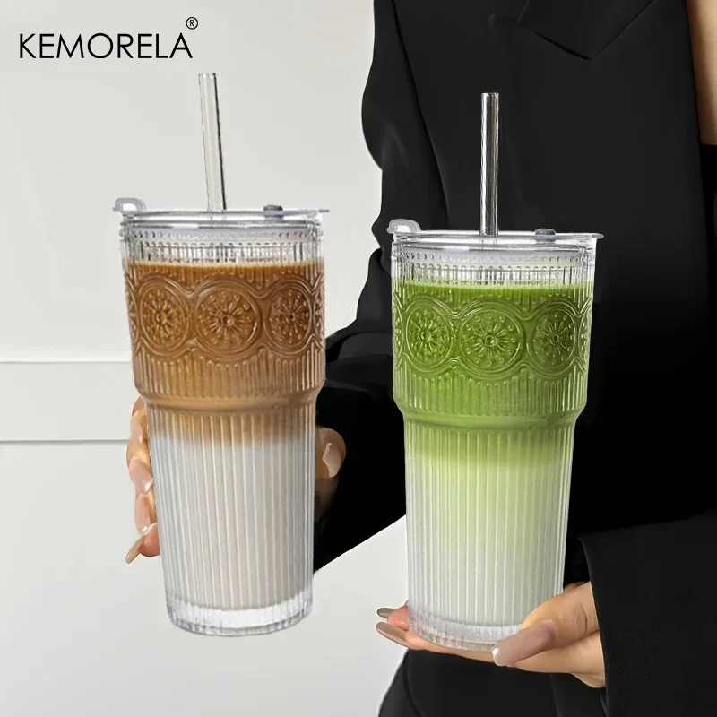 1/2PCS 600ML Floral Glass Tumblers Coffee Cup With Lid and Straw Transparent Drinking Glasses for Juice Coffee Mugs Drinkware