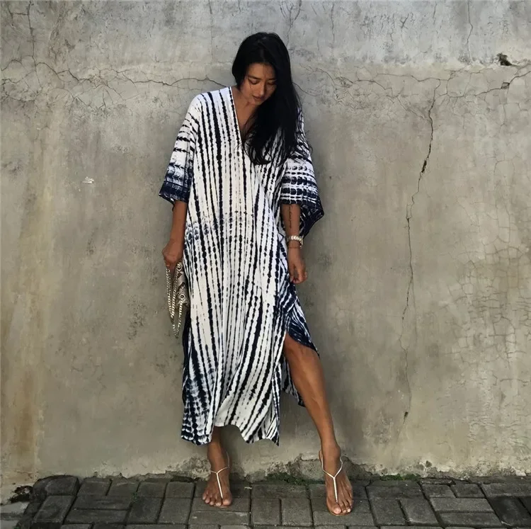 2022 New Boho Retro Striped Plus Size Women Swimsuit Cover Up Summer Outing Sexy Bikini Wrap Beach Dress Beachwear Kimono Pareo