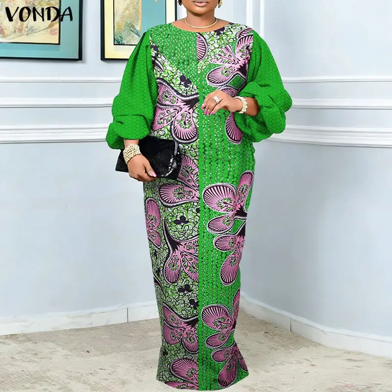 

Платье макси VONDA больших размеров 5XL для женщин, в богемном стиле, с принтом, длинными рукавами-фонариками, в стиле пэчворк, для вечеринок, с круглым вырезом, повседневное, свободного кроя