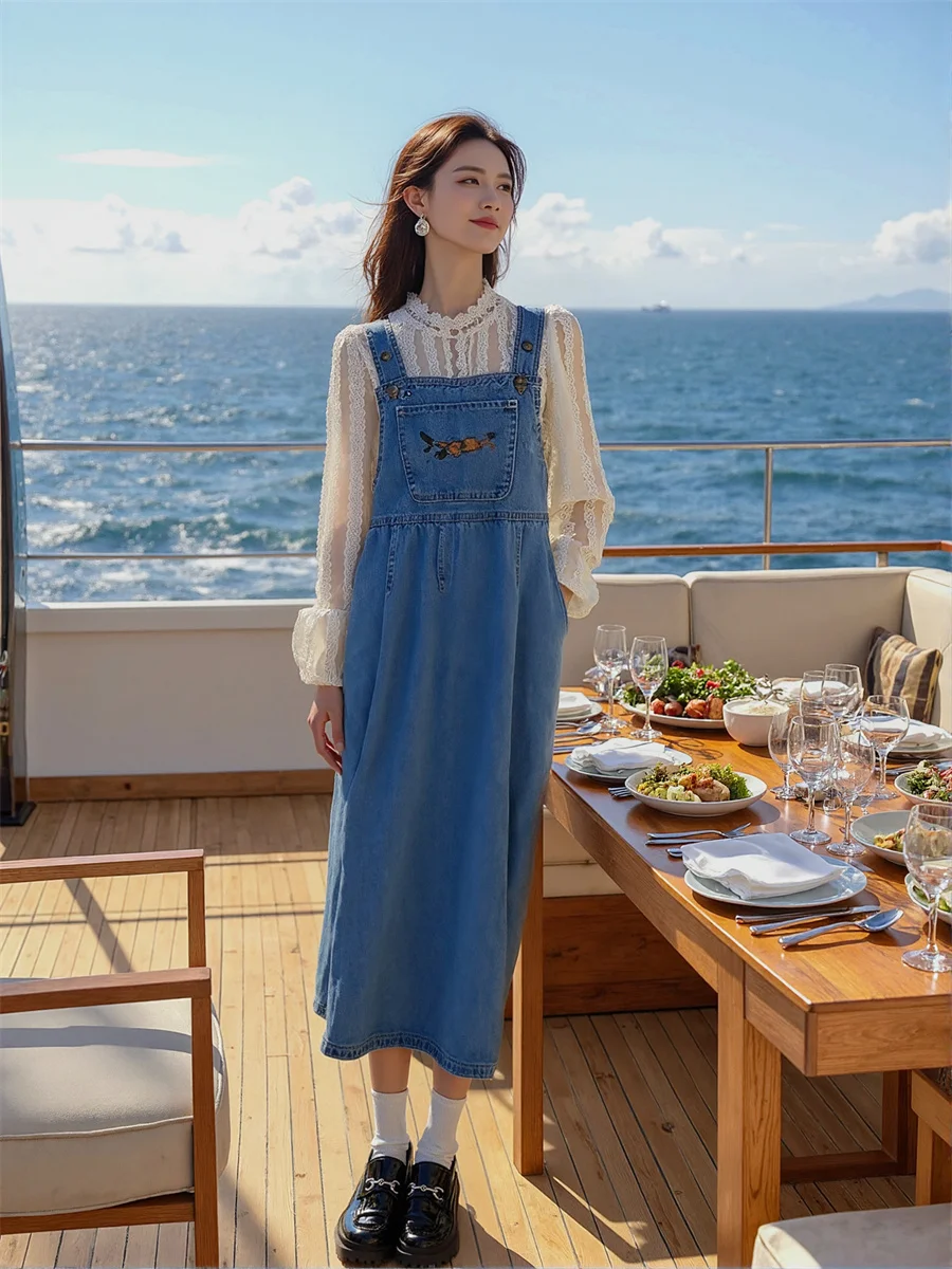 Women'S Dress Blue Loose Fit Casual Office Lady Cottagecore Fairycore Aesthetic Aesthetics Literary Boho Bohemian Vintage Retro