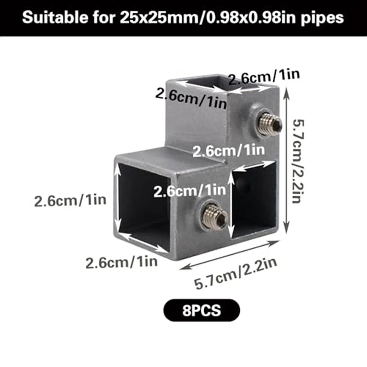 T28C! 8 PCS 1In/25 mm Square Tube Connector, 3-Way Pipe Fitting Connector Aluminum Alloy Tee Chain End Rails Clamps B