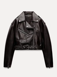 Ailegogo Spring Autumn Women Retro Short Pu Faux Soft Leather Jacket Vintage Female Belt Zipper Coat Moto Biker Outwear