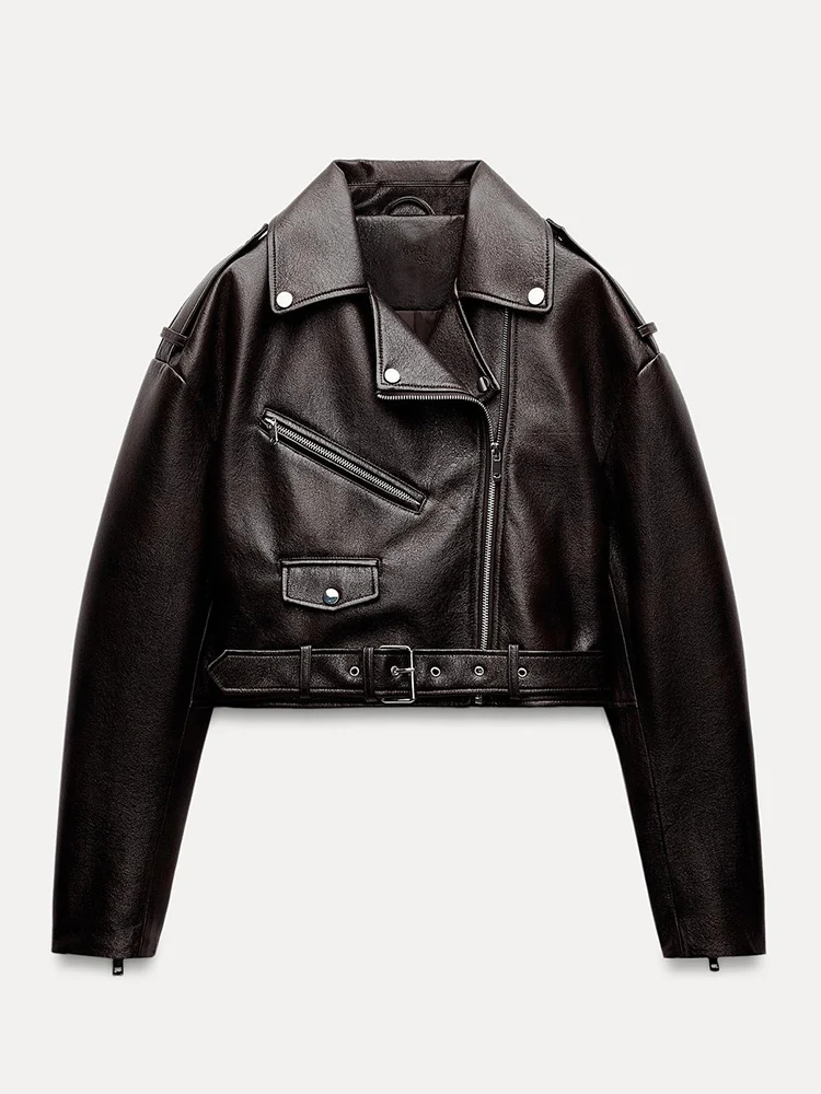 Ailegogo wiosna jesień kobiety Retro krótka Pu Faux miękka skórzana kurtka Vintage damski pasek płaszcz z zamkiem błyskawicznym Moto Biker znosić