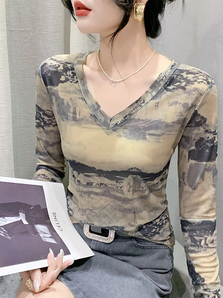 Spring New Sle Women's Long Sve T-irt V-Ne adient Color Me Base irt Sexy Slim Fit Elastic Korean Version Top