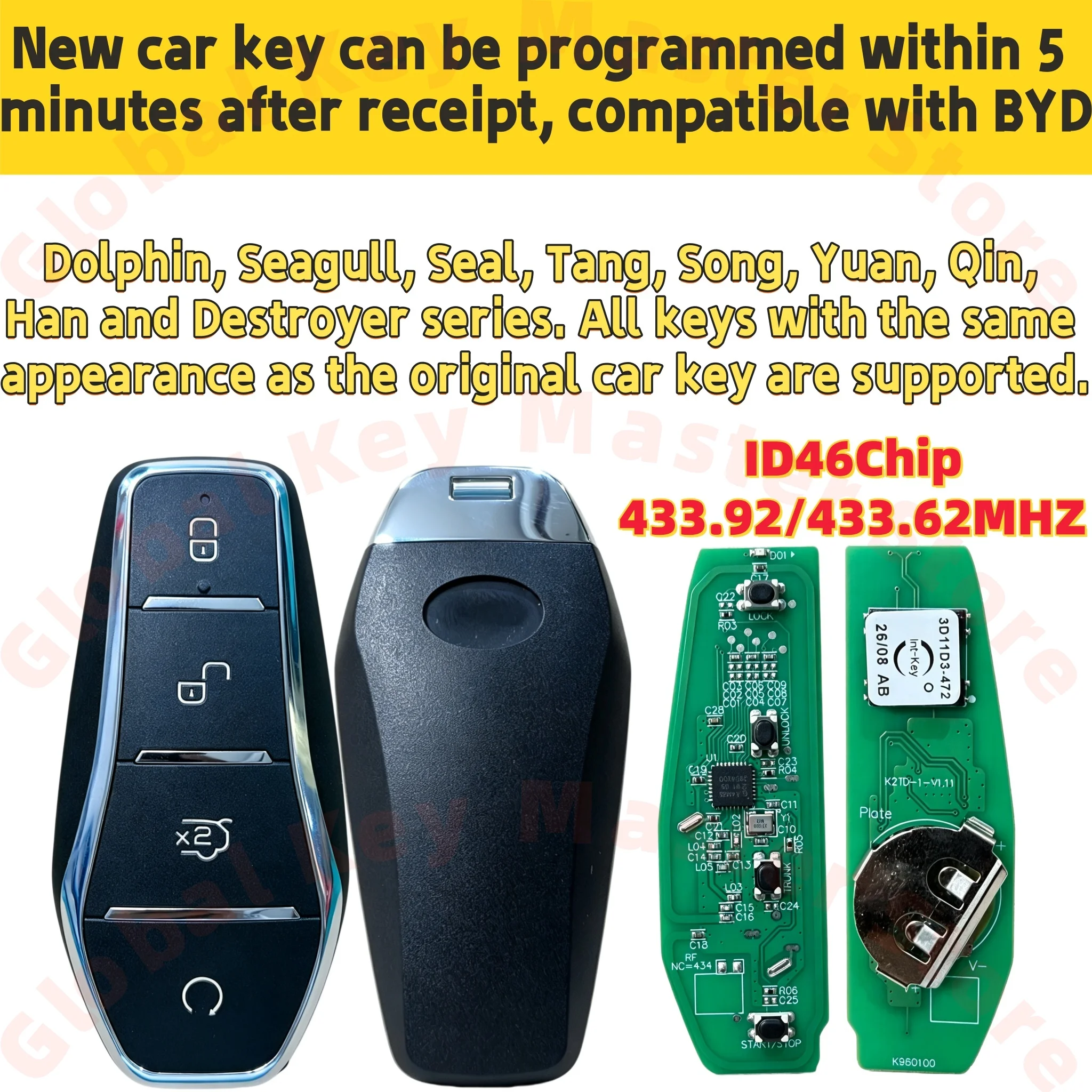Receive the New Programmed Key Within Five Minutes, Suitable for Byd Models, Compatible with Tang/Song/Yuan/Qin/Dolphin/Seal/Destroyer/Frigate and More Models