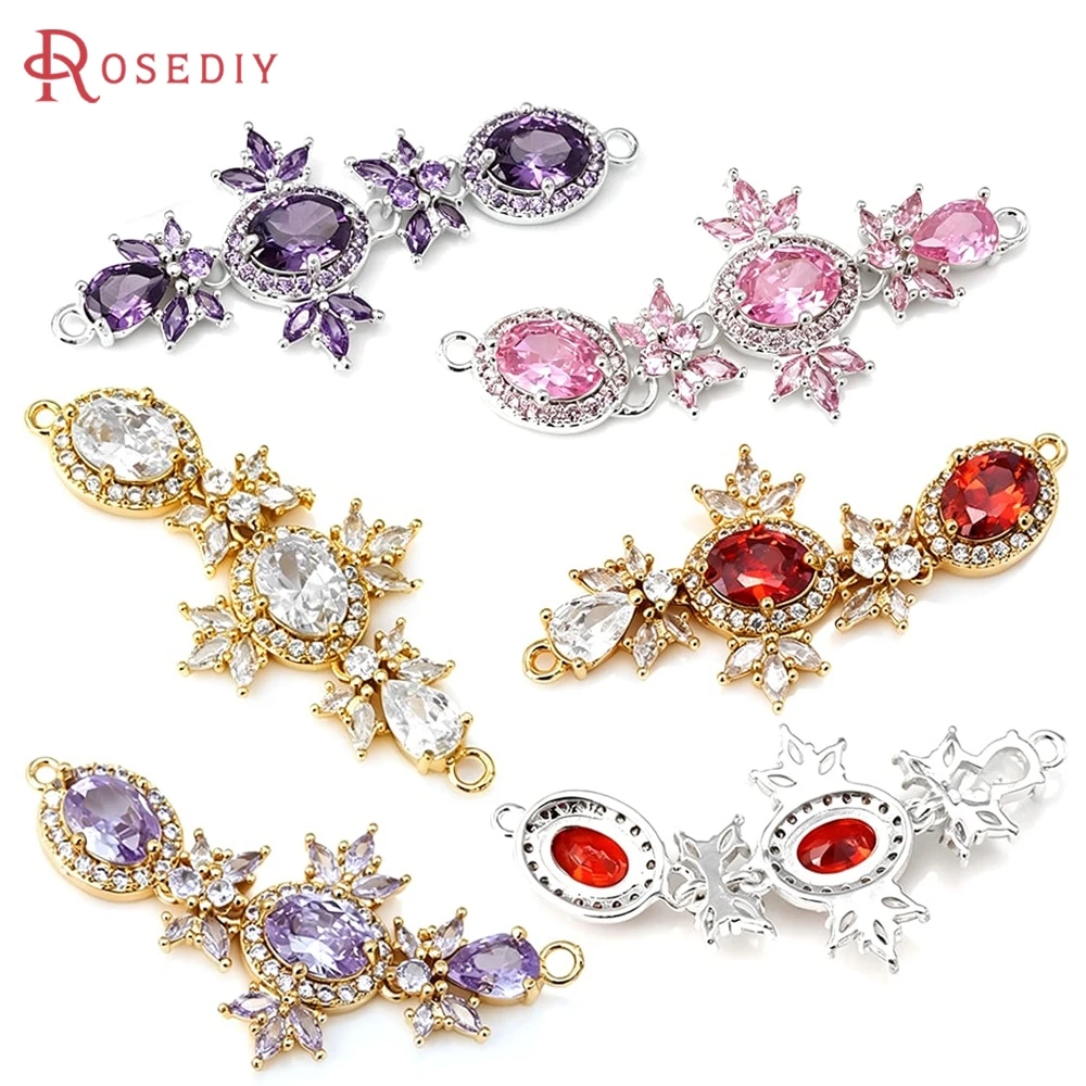 1 Piece 18K Gold Color Brass and Zircon 2 Holes Oval Shape Connect Charms Pendants High Quality Diy Necklace Making Accessories
