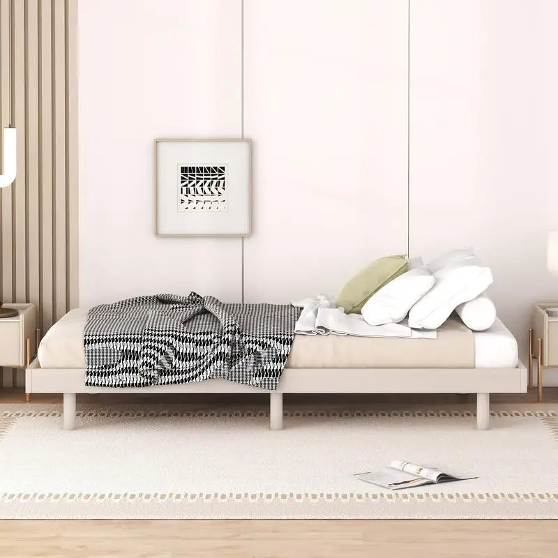 Modern Twin Size Floating Bed Frame, White Washed Finish, Stylish Platform Design