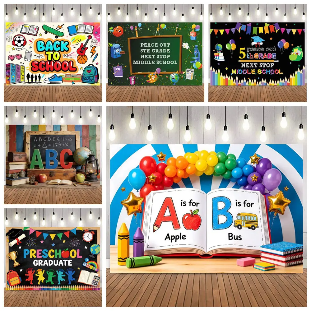 Back To School Photography Backdrop Rainbow Balloons Arch School Bus Books Drawing Pens Student Portrait Decor Photo Backgrounds