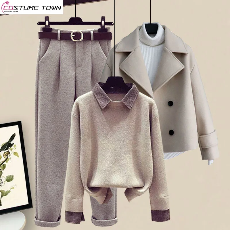 

2023 Autumn and Winter New Winter Woolen Coat Style Matching Knitted Sweater Woolen Pants Women's Three Piece Set