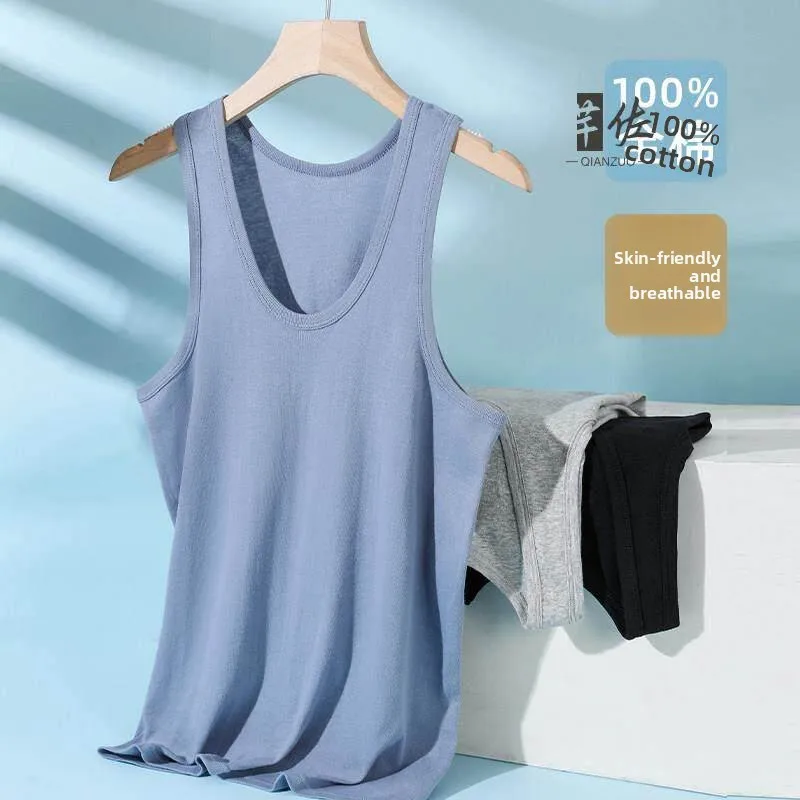 Men's Pure Cotton Vest round Neck Underwear Summer Base Layer Shirt Elderly Full Cotton Sweatshirt Comfortable Skin-friendly
