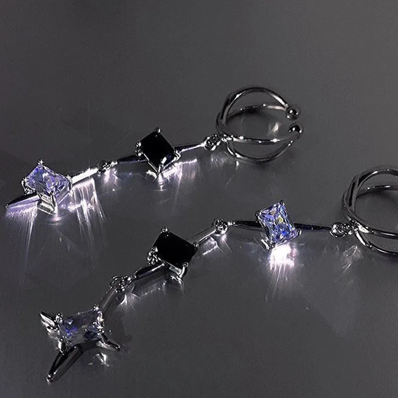 Cool Sweet Style Starburst Diamond Flash Chain Asymmetric Earrings Luxury Sensation Versatile Cold Tone Earrings Fashion Jewelry