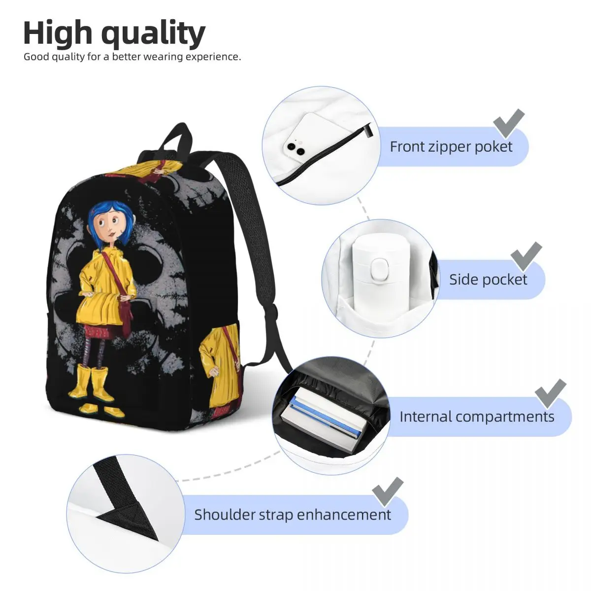 Coralines Cartoon Movies Fashion Backpack Outdoor High School Work Halloween Daypack for Men Women Laptop Computer Canvas Bags