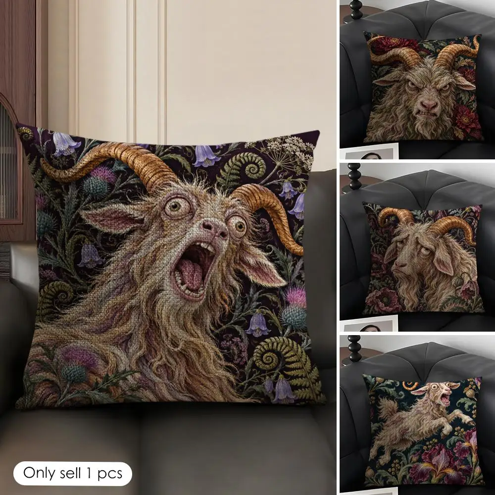 Surreal Screaming Goat Floral Cushion Cover Skin-Friendly Organic Linen Pillow Cover Durable Hypoallergenic Washable Soft