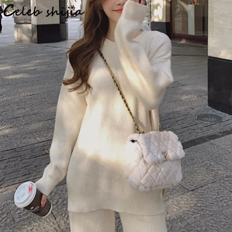 Beige Elegant Loose Sweater + Wide Leg Pants Winter Korean Chic Knitted 2 Piece Sets Ladies Korean Thicken Pants Set Autumn