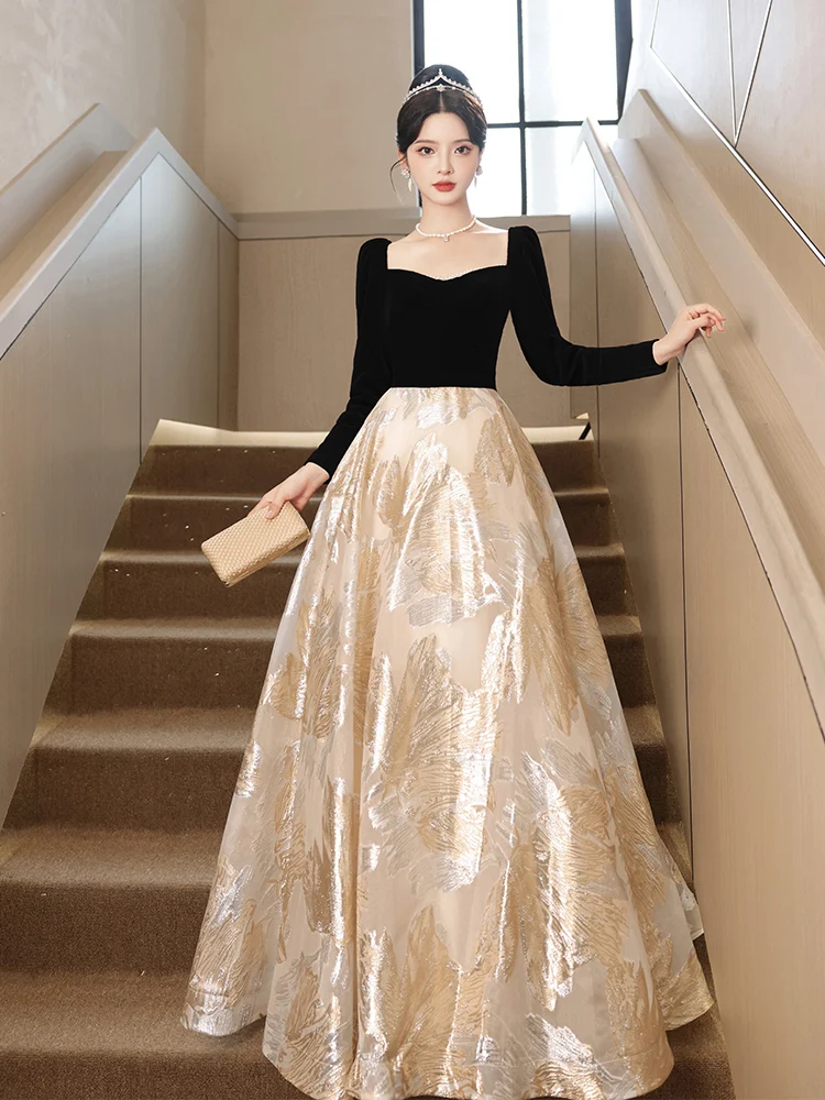 

Ele Bla Evening Gown for Women Summer Ball Host Wedding Par Long Sve Floor Length Korean Sle Polyester Fabric