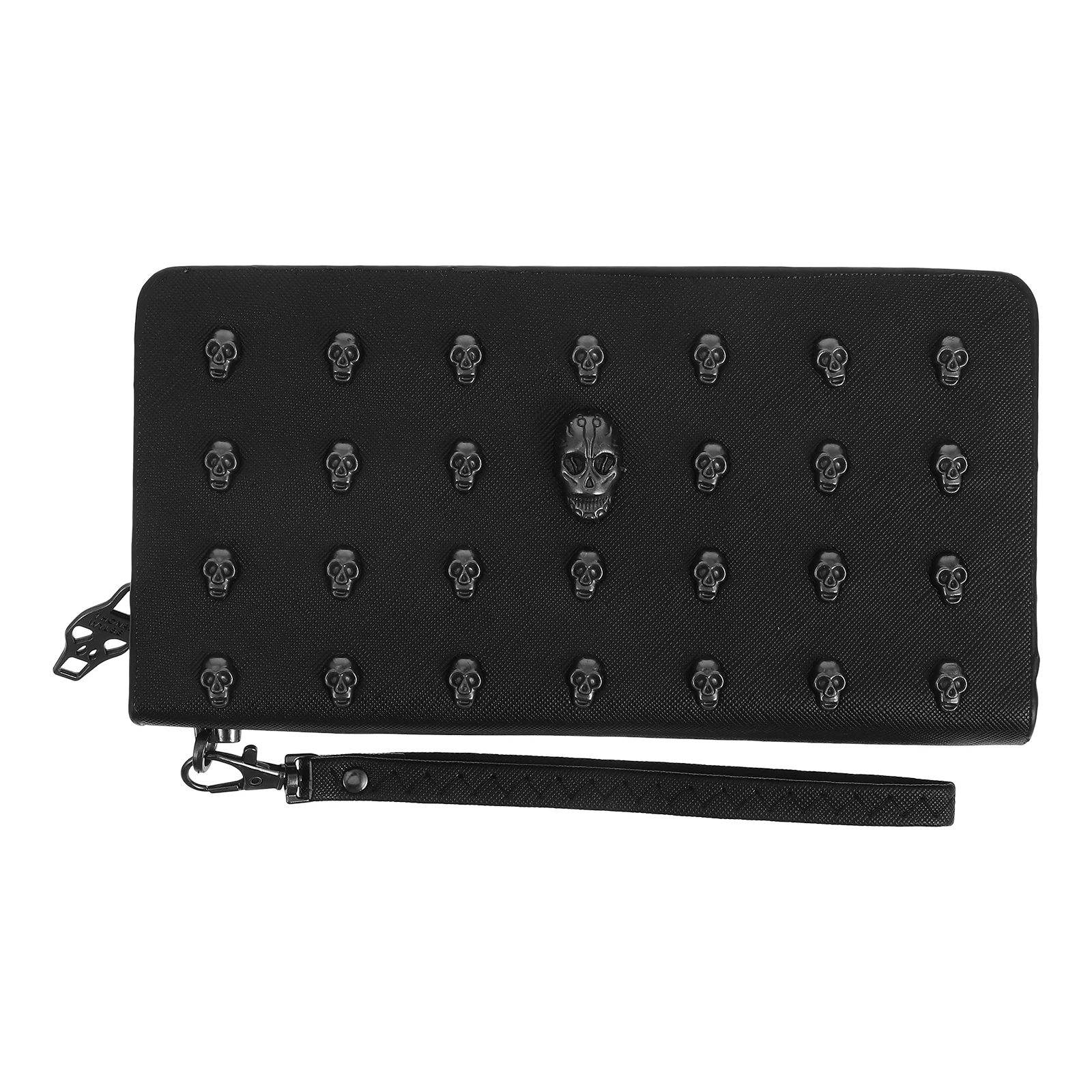 

Skull Head Wallet Women Long Purse 20x10.5x2.5cm Black PU Alloy Card Slots Credit Name Debit Lightweight
