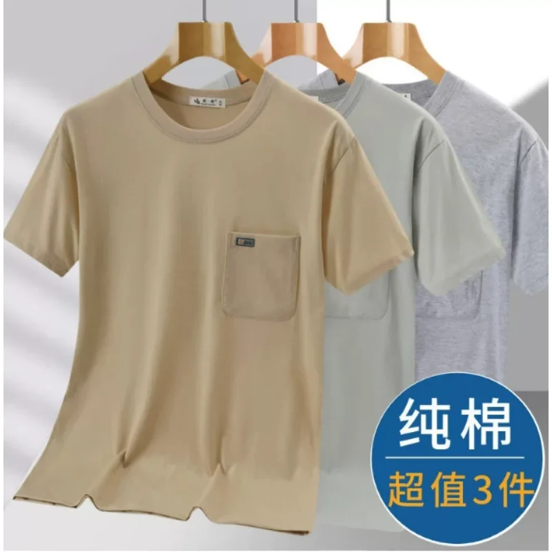 

3pcs Men Short Sleeve Tshirt With Breast-Pocket Round Neck Tops High Quality Summer Men Tee Shirts Men Clothing B0304