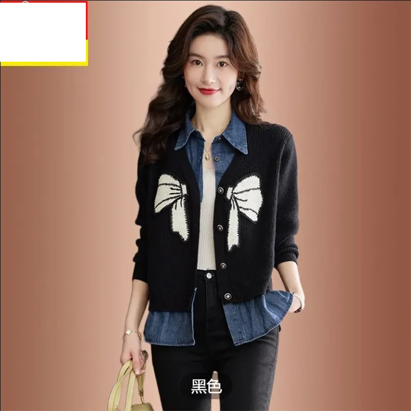 

Spring Autumn Short Fake Two-Piece Jacket Denim Collar Versatile Slimming Knitted Open Cardigan Stylish And Trendy Outerwear
