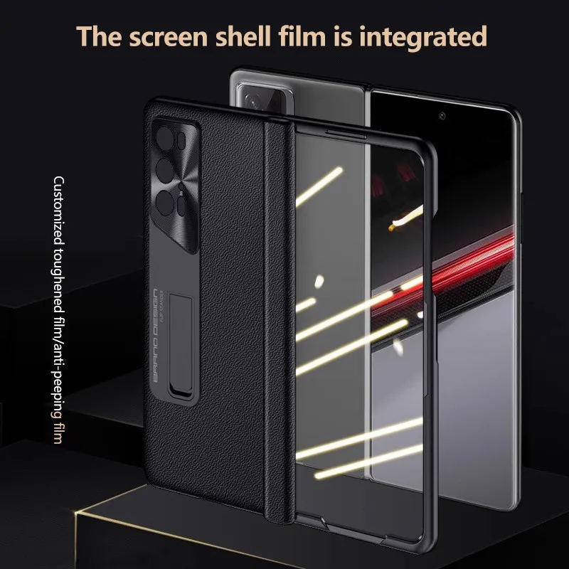 

PU Leather Phone Case For Honor Magic V2 RSR Porsche Design Bracket Full Camera Anti-fall Protective Cover With Tempered Film