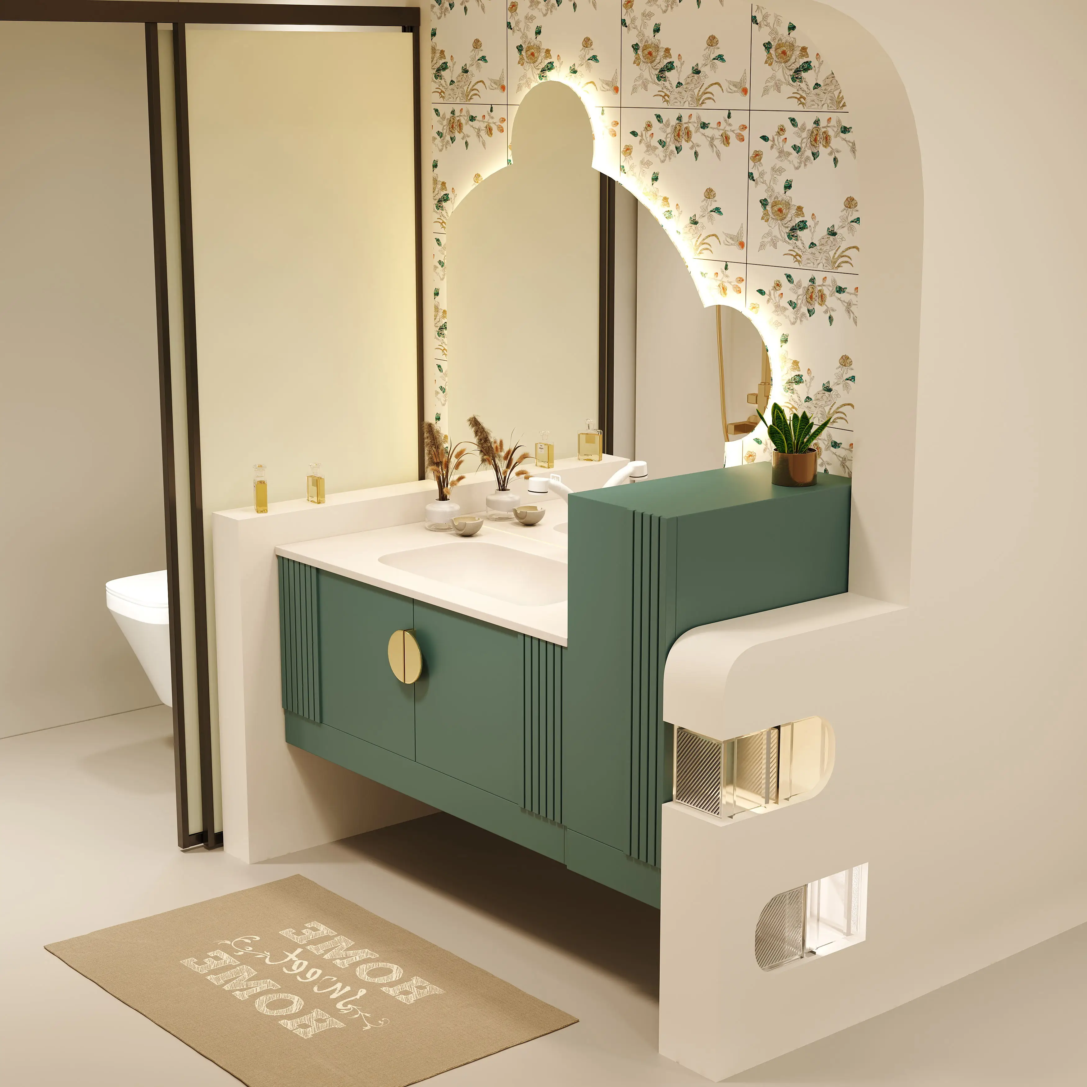 Light Luxury Stone Plate Solid Wood Green Bathroom Cabinet Combination Modern Seamless Washstand Hand Washing Washbasin