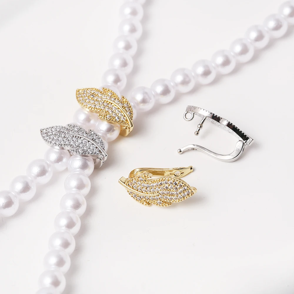 Micro Paved CZ Feather Shape Pendant Bails Brass Gold Plated Pearl Enhancer Shortener Hook Clasp For DIY Necklace Jewelry Making