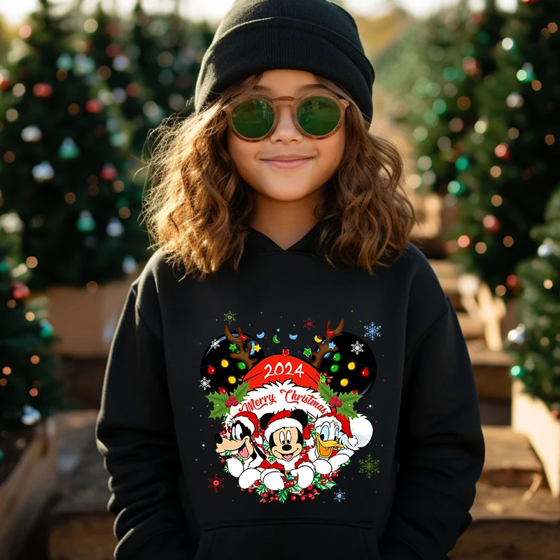 Mickey Christmas 2024 Hoodies Autumn and Winter Plus Velvet Sweater Holiday Gifts for Boys and Girls