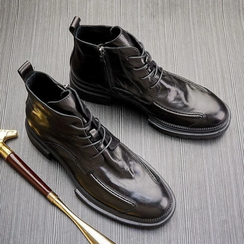 Men High Top Motorcycle Boots Retro Thick Sole Side Zip Casual Comfort Lace Up Non-Slip Business Formal Shoes Botas Masculino