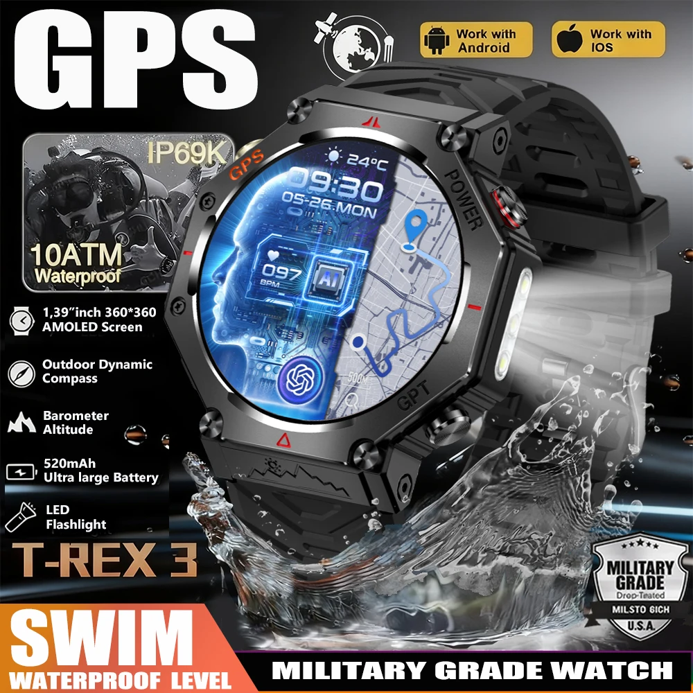

Military Smart Watch T-Rex 3 Bulit-in GPS Compass Altimeter Barometric 10ATM IP69K Waterproof AMOLED Bluetooth Call Smart watch