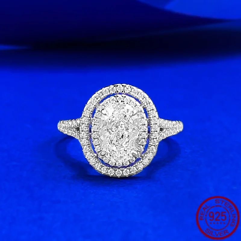 

New S925 Silver Full Diamond Elliptical 6 * 9 High Carbon Diamond Ice Flower Egg shaped Ring Ring Wedding Jewelry