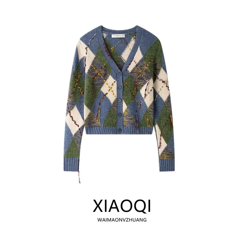 

Comfortable Long Sve Knitted Outerwear Women's Faion Diamond Pattern Color Blo Autumn Winter New Arrival V Ne Cardigan