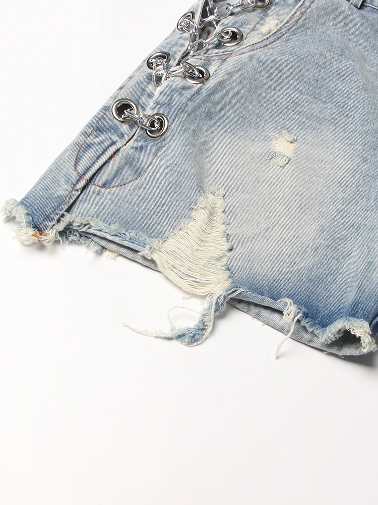 TWOTWINSTYLE Solid Denim Shorts For Women High Waist Patchwork Chain Temperament Casual Loose Sexy Short Panst Female Summer New