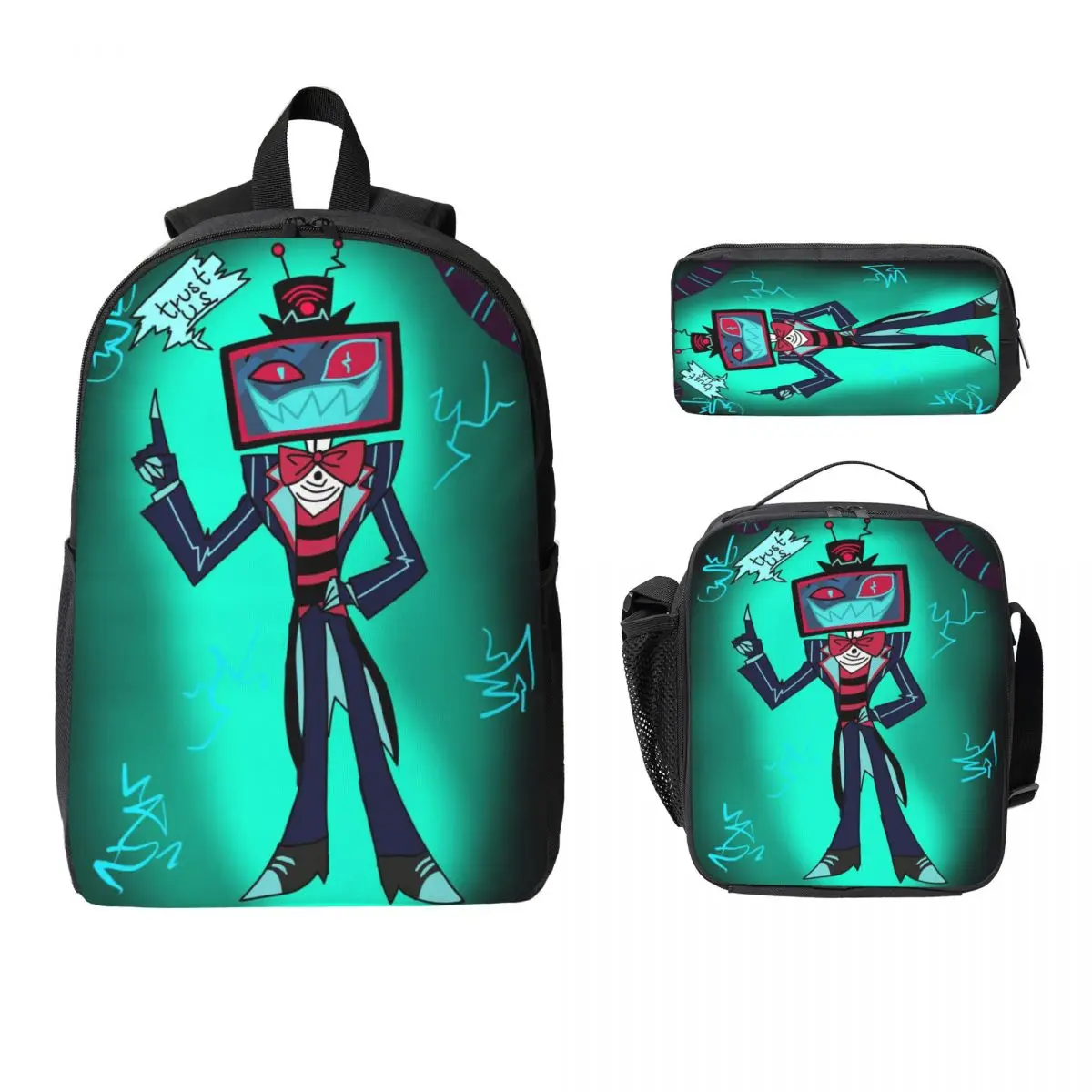 Hazbines Hoteles Alastor Vox 2 حقيبة ظهر للأطفال صندوق غداء صناديق أقلام رصاص للبنين والبنات حقائب ظهر مدرسية مجموعة حقائب الكتب #1