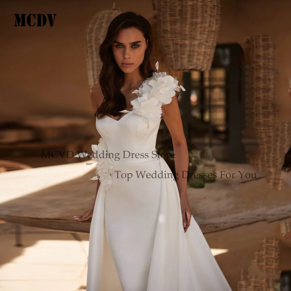 MCDV 3D flores vestidos de novia de satén sirena un hombro vestidos de novia tren de barrido cariño vestidos de novia personalizados