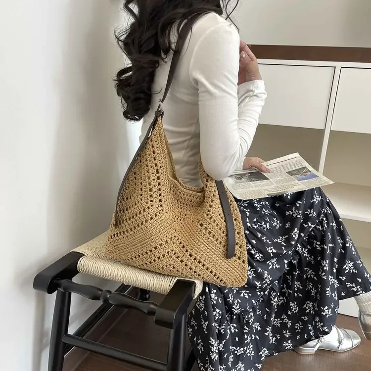 

2026 New Lazy Wind Relaxation Large Capacity Woven Bag Women's Seaside Vacation Shoulder Beach Bag Straw Woven Tote Bag