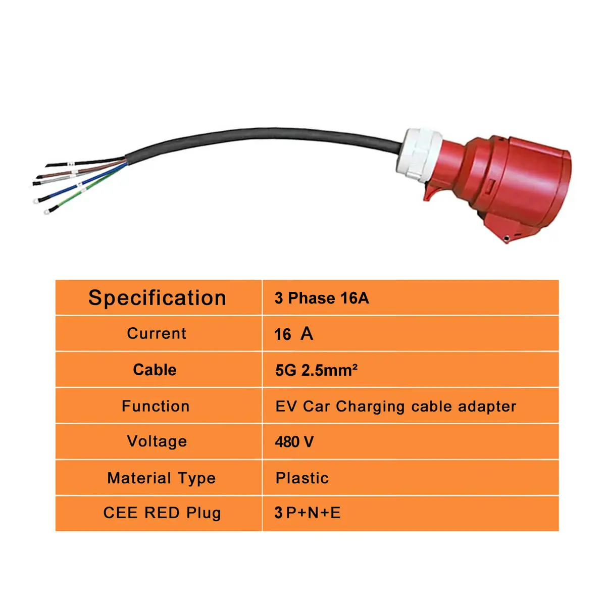 Adaptador de carga trifásico para cargador de vehículo eléctrico, Cable EV rojo hembra 16A 5G 2.5mm² para coche de 11kW