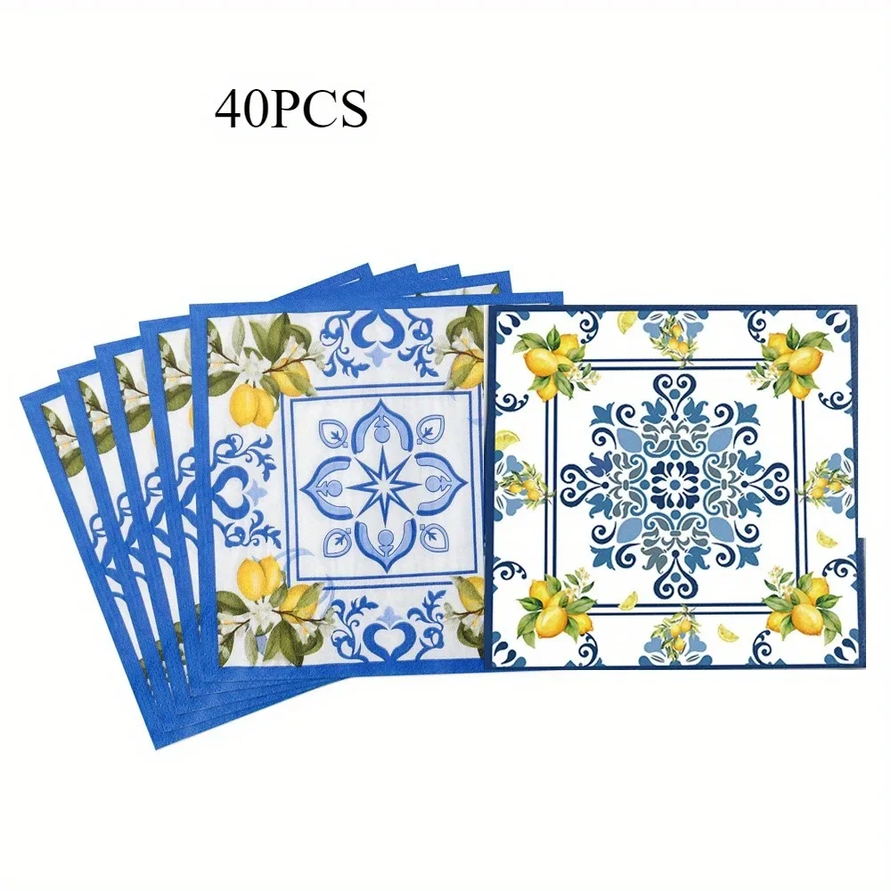Tovagliolo usa e getta in porcellana di limone Tovagliette in carta stampata bianca blu per forniture per il layout del tavolo da pranzo per feste di matrimonio