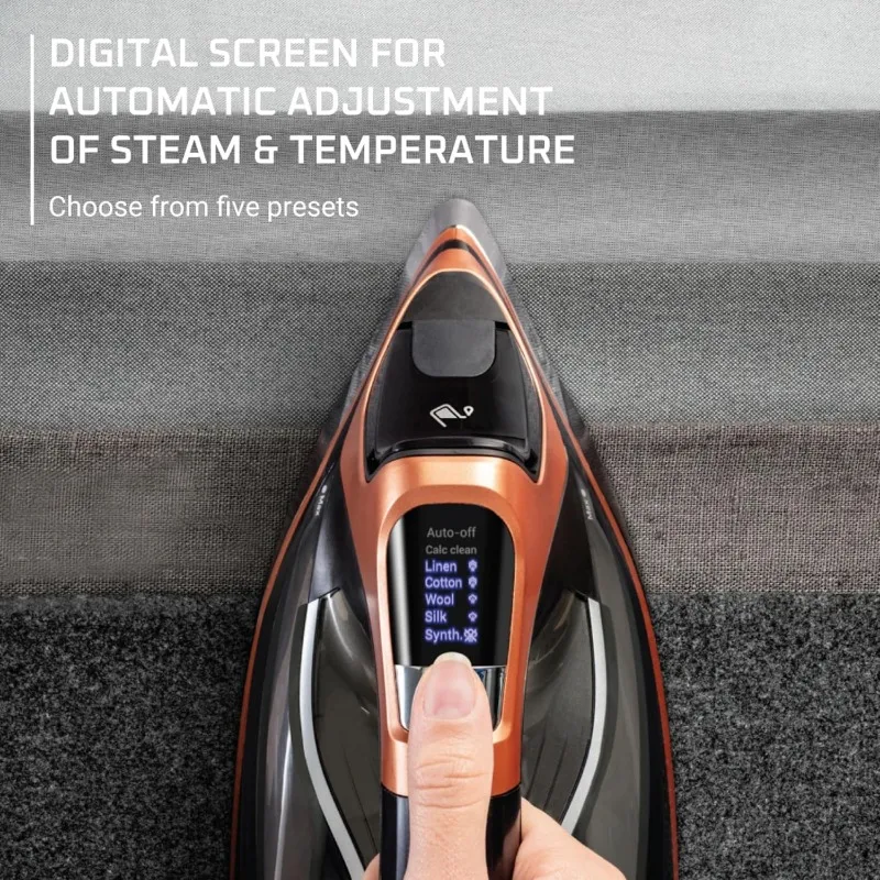 مكواة بخار للملابس 5 إعدادات مسبقة للشاشة الذكية، قاعدة من الفولاذ المقاوم للصدأ، تعزيز بخار قوي، الكي المحمول عالي الكفاءة
