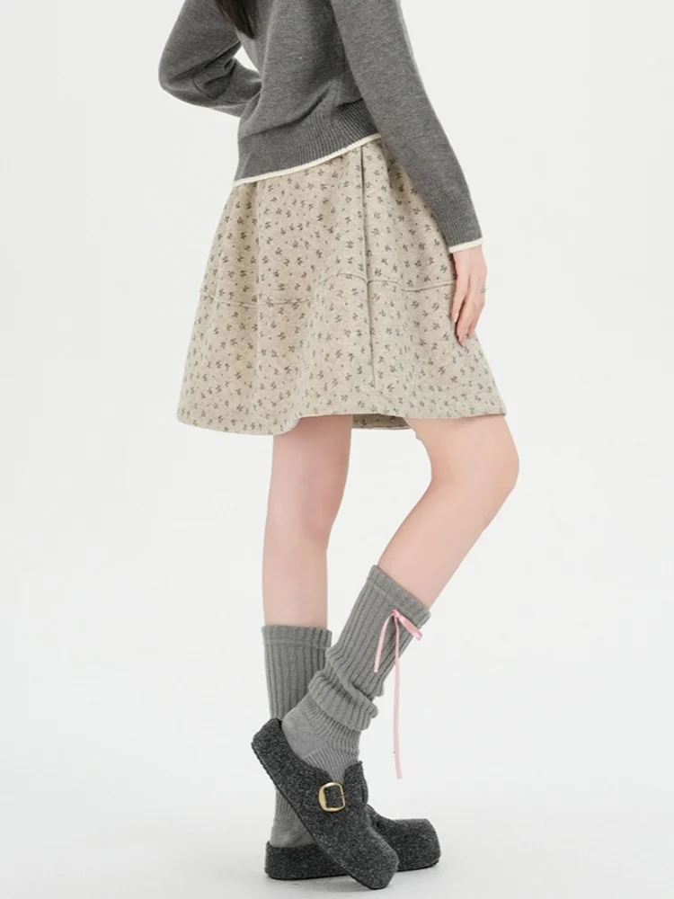 SMTHMA الأزهار الصوفية تنورة قصيرة للنساء جديد الخريف الشتاء عالية الخصر التخسيس ألف خط تنورة مزاجه تنورة أنيقة #2