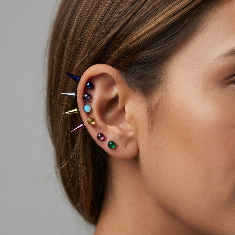 INS Style Unique Double Street Trend Anodized Spike Devil Stud Earrings Titanium Alloy Crystal Ball Piercing Subculture Jewelry