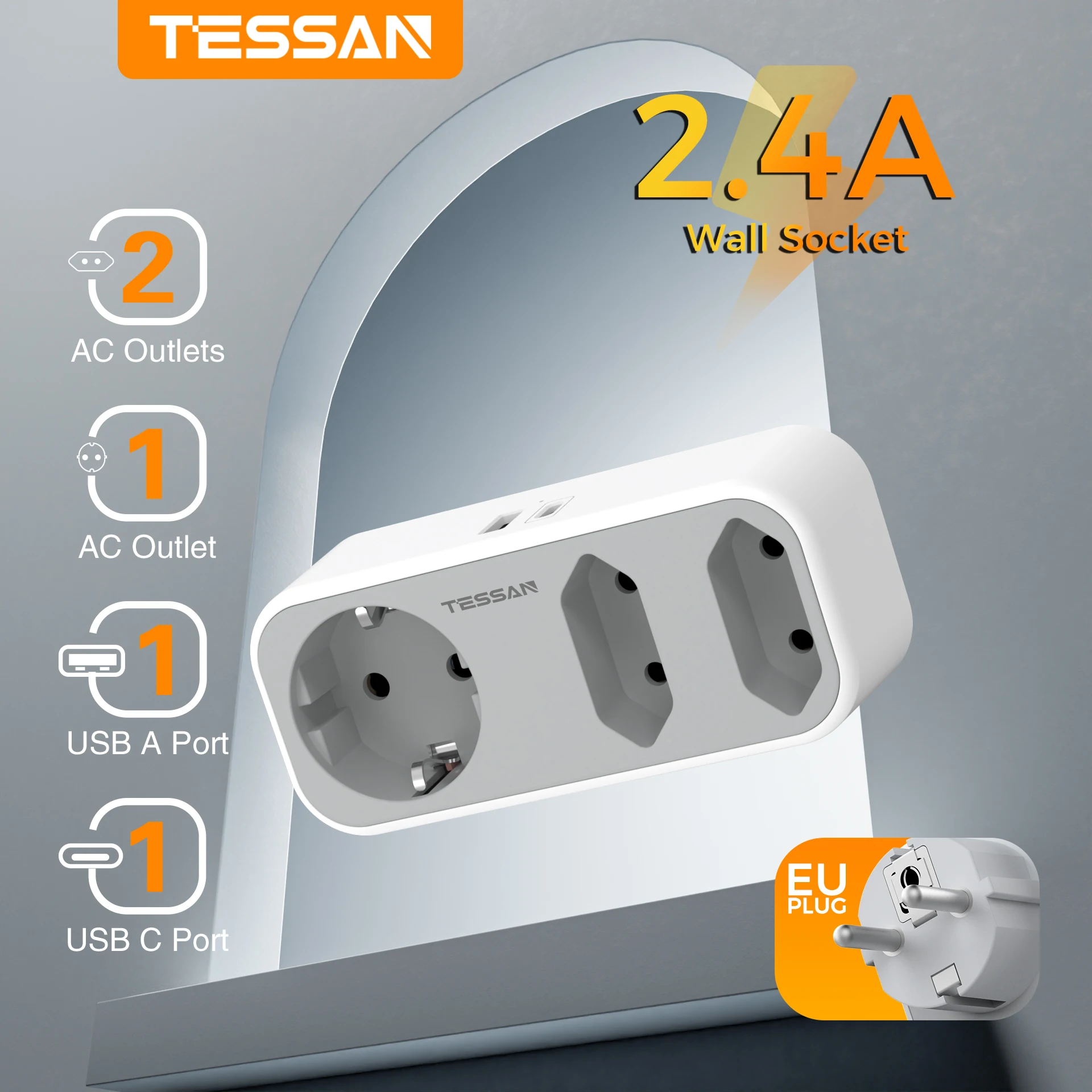 TESSAN Multi Socket Power Strip with 3 Outlets +1 USB Port+ 1 Type C European Plug Wall Socket Adapter with Overload Protection