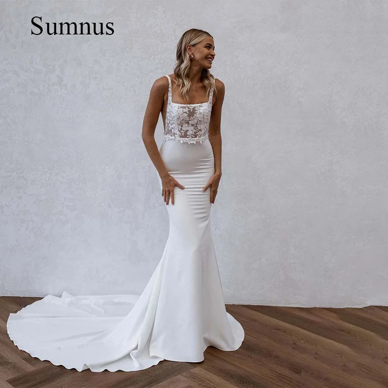 Vestido de Novia de sirena con apliques de encaje, escote cuadrado, espalda abierta, cremallera sin mangas, elegante